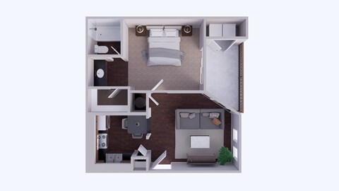 A 3D rendered image of a small apartment layout.